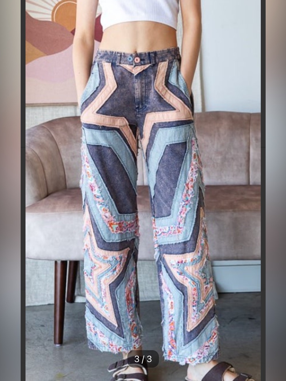 Oli & Hali Patchwork Star Appliqué Jeans in Charcoal and Peach